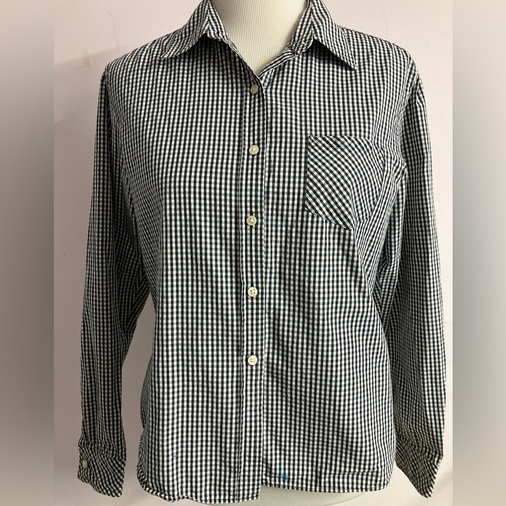 Talbots Women’s Button Front Shirt/Top, Medium, Black/White Gingham Plaid